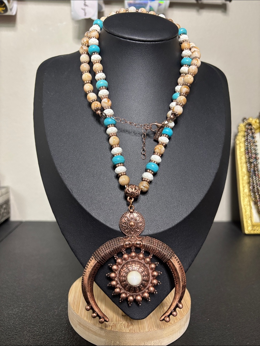 Shyanne Bohemian Turquoise & Cream Beaded Pendant Western Statement Necklace